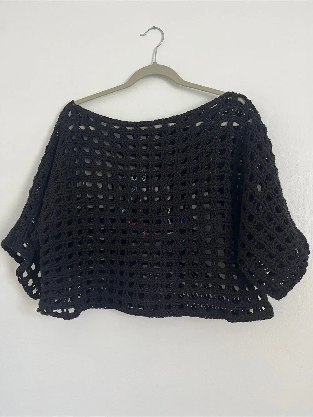 Handmade Black Crochet boxy tee with Colorful Fish Embroidery